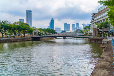 Bridge over river by buildings against sky