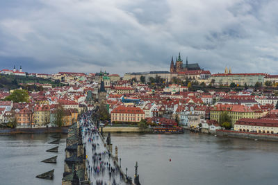 Panoramic view of river and cityscape against sky