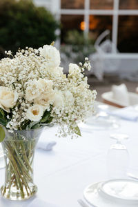 White flowering plant in vase on table