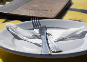 High angle view of bread in plate on table