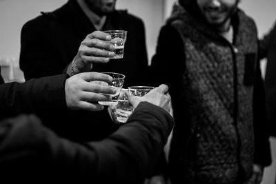 Friends toasting drinks while standing in room