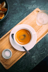 High angle view of tea cup on table