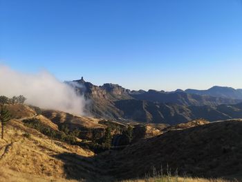 Scenic view of mountains against clear blue sky