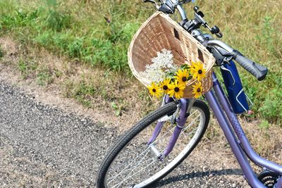 High angle view of bicycle wheel on field