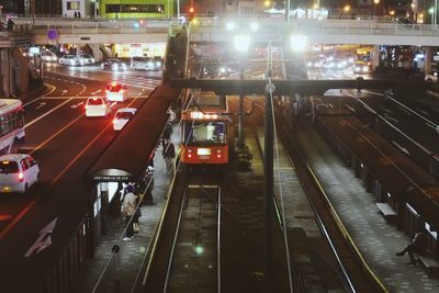 View of railroad station platform at night