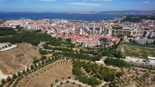 High angle view of town against sky