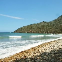 Scenic view of sea against blue sky