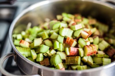 Close-up of chopped rhubarb in sauce pan