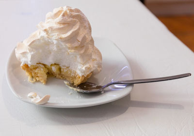 High angle view of dessert in plate on table