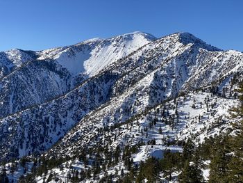 Scenic view of snowcapped mountains against clear sky