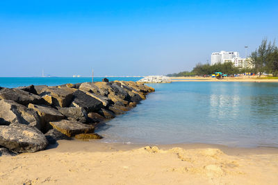 Scenic view of sea against clear blue sky