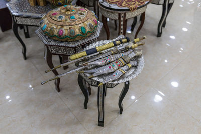 High angle view of chairs on table at home