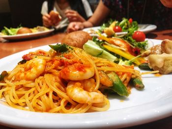 Close-up of pasta in plate on table