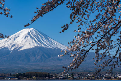 Scenic view of snowcapped mountains against clear sky