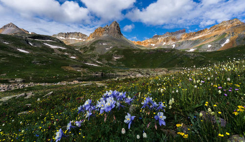 Scenic view of mountains against cloudy sky