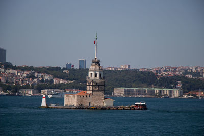 Lighthouse by sea against buildings in city against clear sky