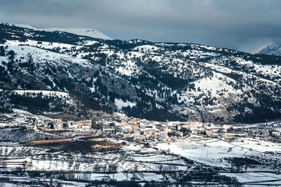 Aerial view of snowcapped mountains against sky