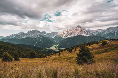 Scenic view of landscape and mountains against sky