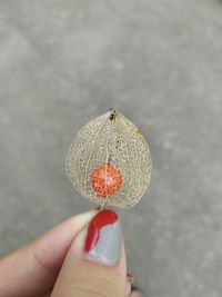 Close-up of hand holding strawberry