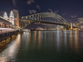 Look at the harbour bridge and opera in sydney in evening light.