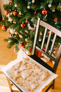 High angle view of christmas tree on table