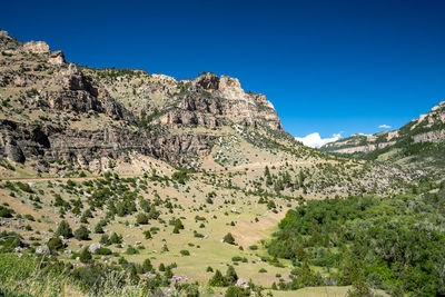 Scenic view of mountains against clear blue sky