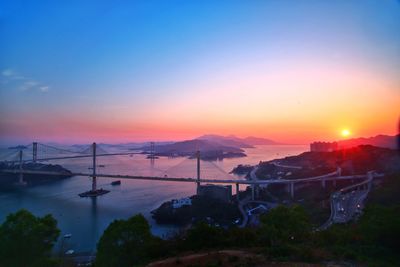 Scenic view of city against sky at sunset