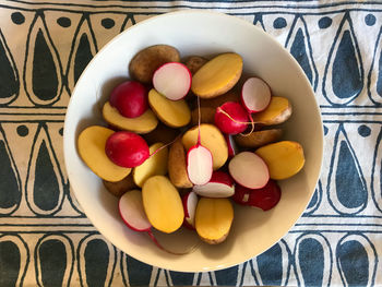 High angle view of candies in plate