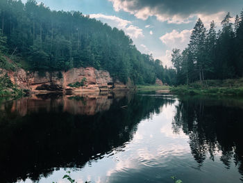 Reflection of trees in lake against sky