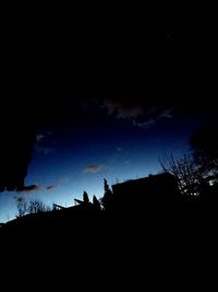 Low angle view of silhouette trees against sky at night