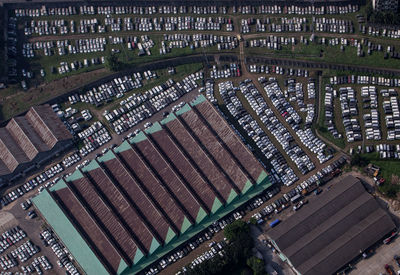 High angle view of modern buildings in city