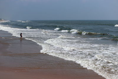 Soft wave of blue ocean on sandy beach. sea background.