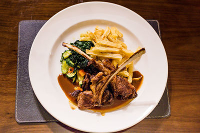 High angle view of food in plate on table