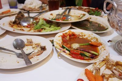 High angle view of meal served on table