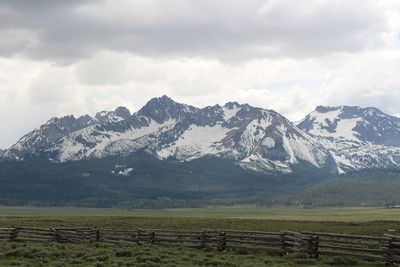 Scenic view of snowcapped mountains against sky