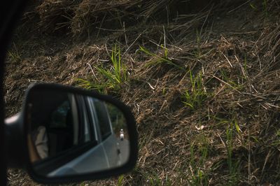 Close-up of side-view mirror of car