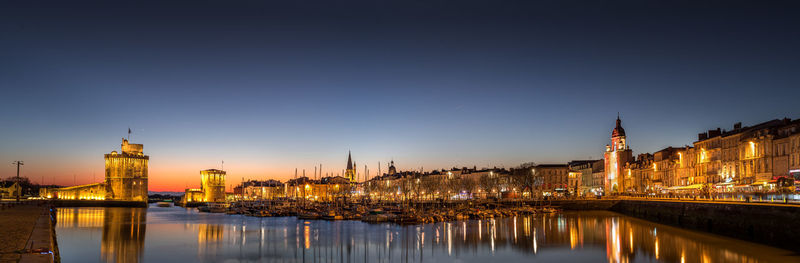 Old harbor of la rochelle, the french city and seaport at sunset. panoramic view