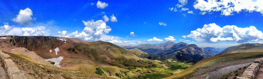 Panoramic view of mountains against blue sky