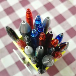 High angle view of bottles on table