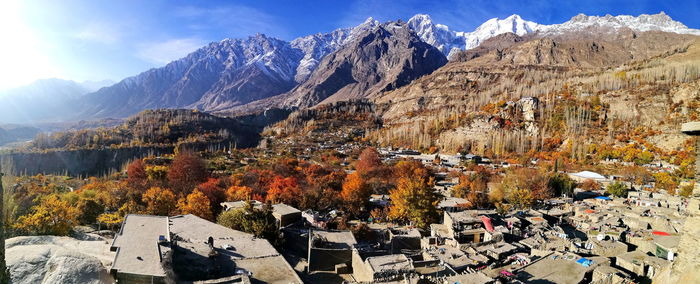 Scenic view of snowcapped mountains against sky during winter