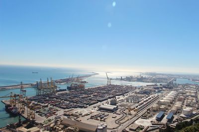 High angle view of commercial dock against sky