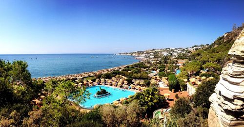 Panoramic view of beach against clear blue sky