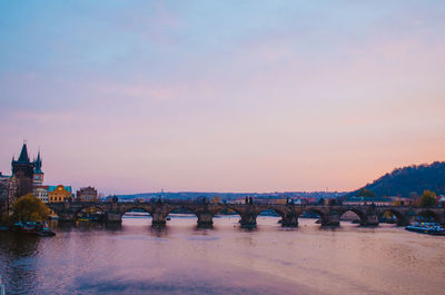 Bridge over river against buildings during sunset