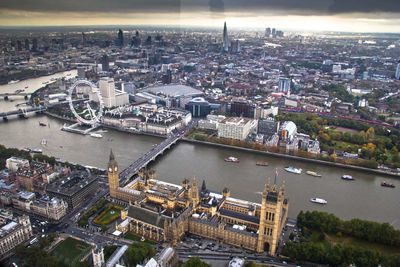 Aerial view of the thames river and central london