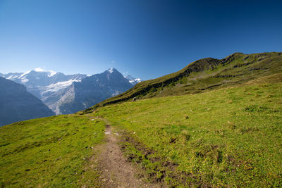 Scenic view of mountains against clear blue sky