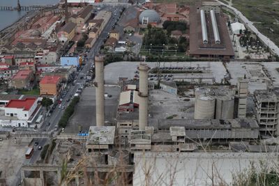 High angle view of city buildings