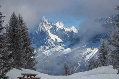 Scenic view of snowcapped french alps against sky. scene looking like snow globe