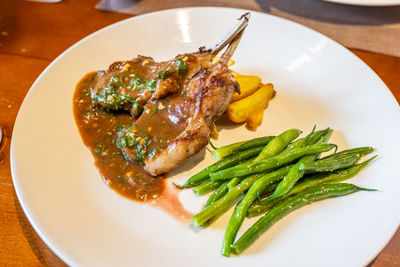 High angle view of food in plate on table