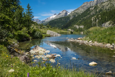 Scenic view of lake and mountains against sky