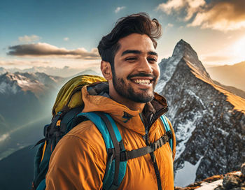 A lone hiker standing triumphantly on the summit of a mountain